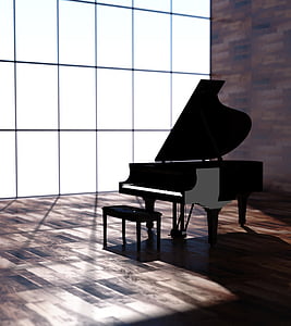 grand piano on brown parquet flooring illustration