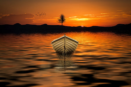 illustration of white row boat on body of water during sunset
