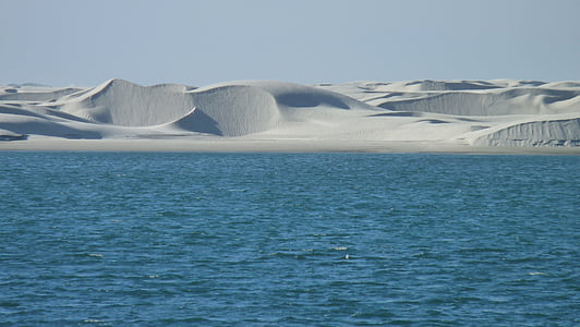 body of water near grey sand