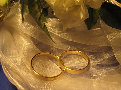 two gold-colored rings on white textile