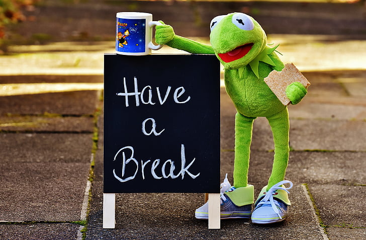 Have a Break chalkboard beside frog plush toy holding mug