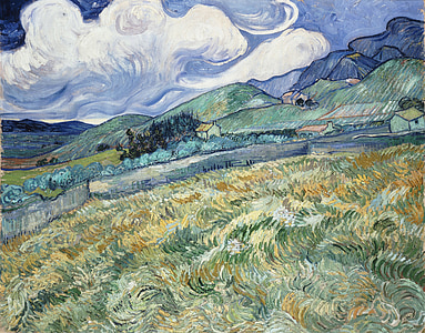 green grass field near houses and mountain painting