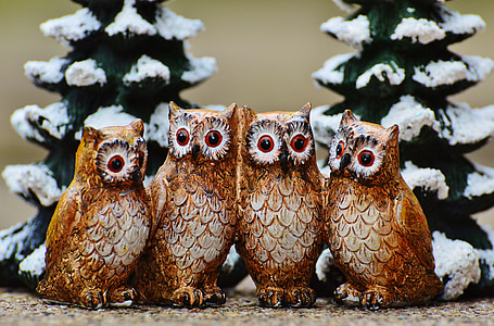 family of four wooden owl sculptures with pine trees behind