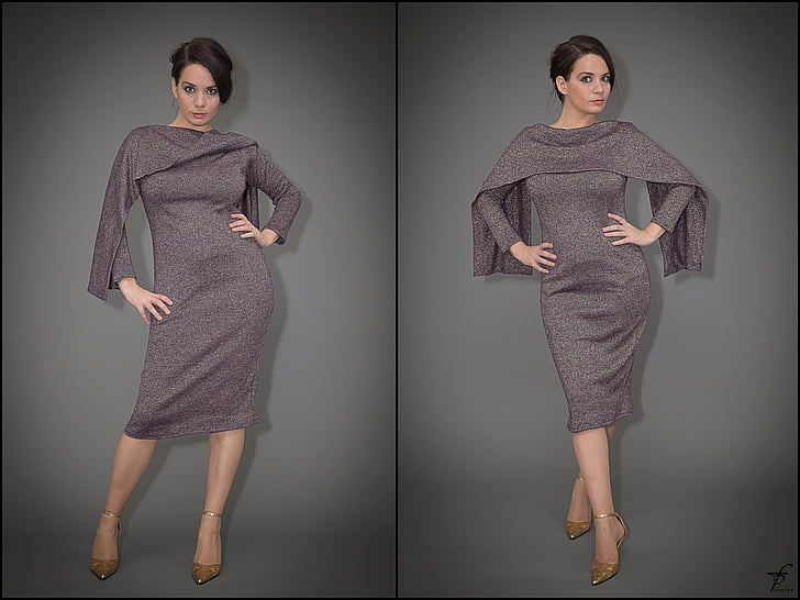 woman in gray crew-neck long-sleeved dress and pair of brown pointed-toe heel shoes outfit collage