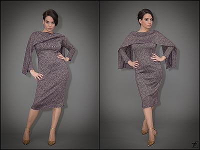 woman in gray crew-neck long-sleeved dress and pair of brown pointed-toe heel shoes outfit collage