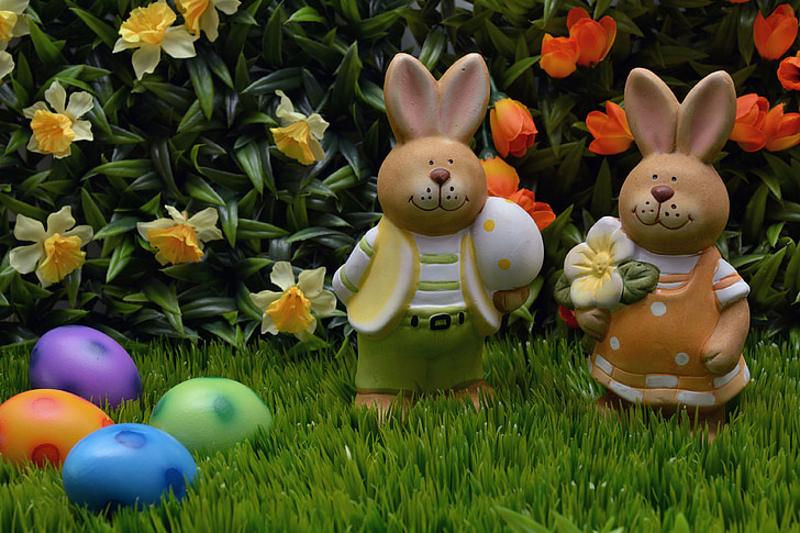 two bunny with Easter eggs on garden