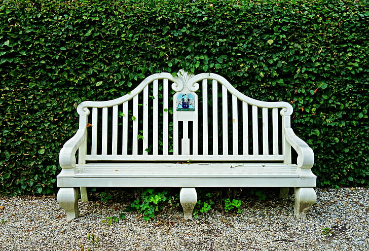 empty bench leaning on hedge