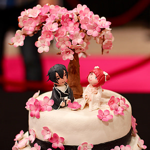 white and pink floral decorated cake with bride and groom model on top