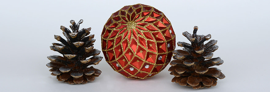 red ball ornament in between two pine cones
