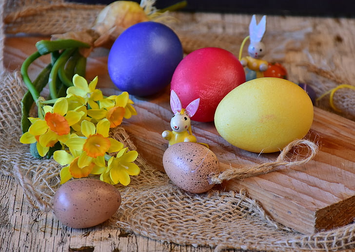 five assorted-color eater eggs on table