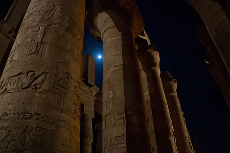 columns, egypt, karnak, nighttime, moon, luxor