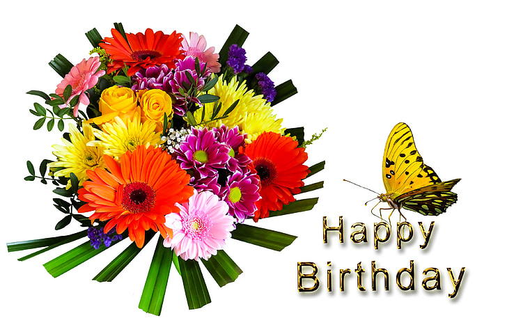 assorted-color flowers bouquet with happy birthday text overlay