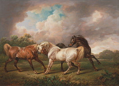 three brown and white horses on green grass field under thick clouds painting