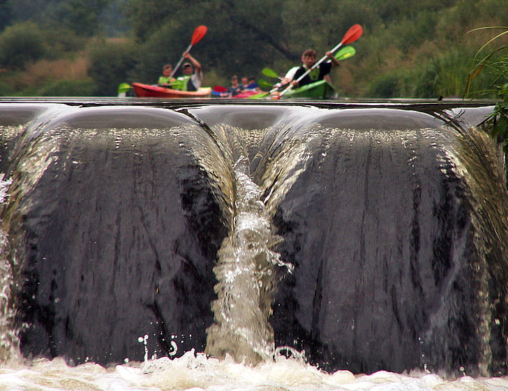 several people kayaking on waterfalls