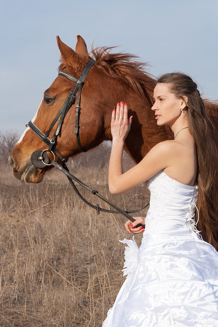 woman in tube dress holding brown horse