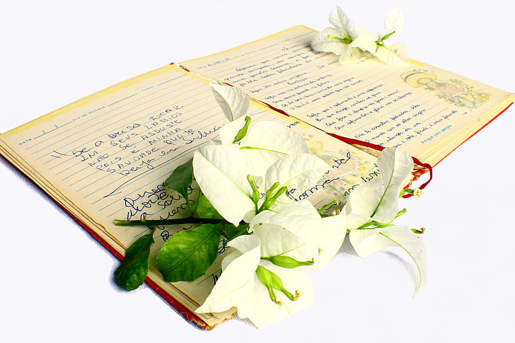 white flowers on top of notebook