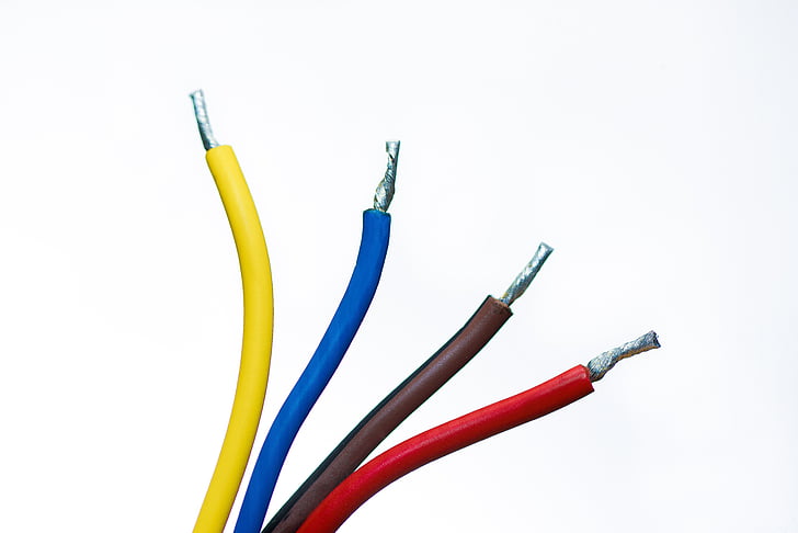 four yellow, blue, brown, and red coated wires