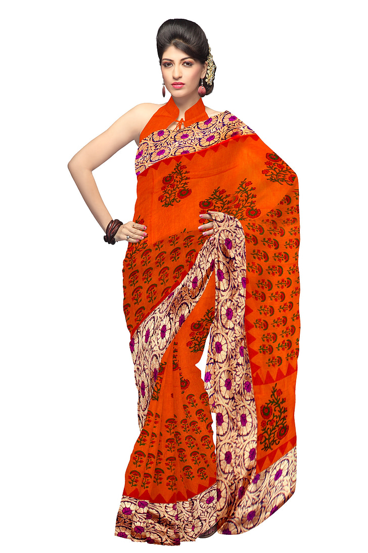 woman wearing red and black floral saree