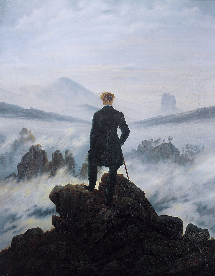 man standing on mountain covered with fog at daytime painting