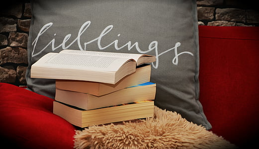 four stacked books near gray pillow