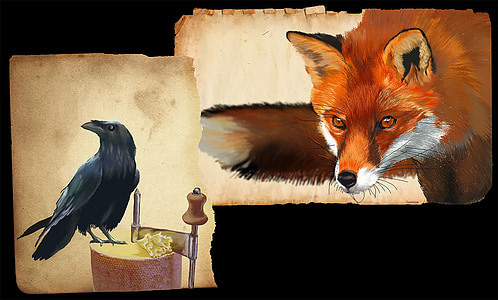 cut-out photo of red fox and crow