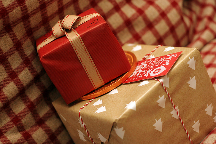 two brown and red gift boxes