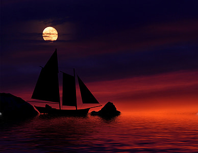 silhouette of boat painting