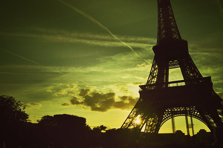 silhouette photo of Eiffel tower during sunset