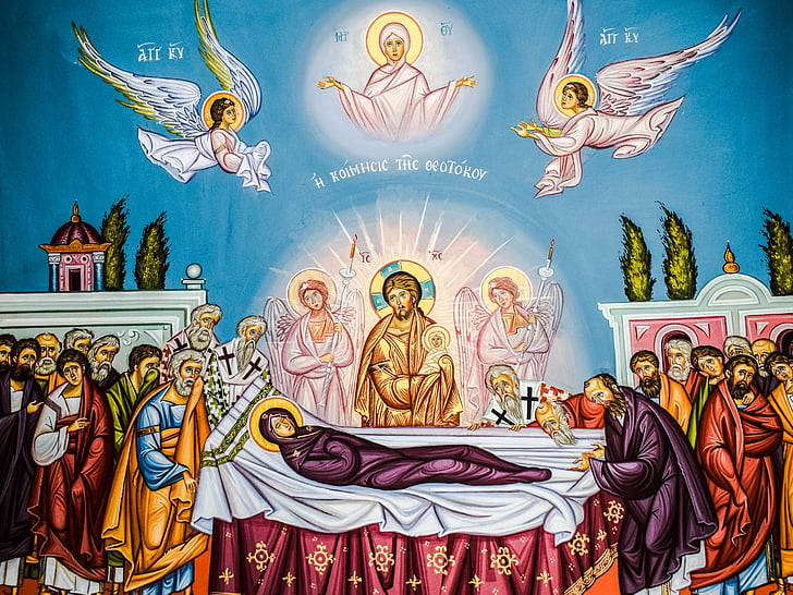 the assumption of virgin mary, iconography, painting, byzantine style, religion, orthodox