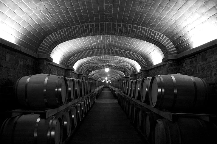 grayscale photo of wine cellar