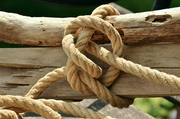 Royalty-Free photo: Brown rope tied on a brown wooden trunk