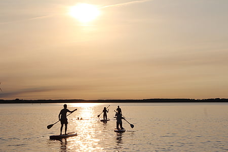 four person riding surfboard while rowing on body of calm sea water during daytime
