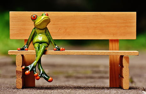 green frog figurine on bench photography