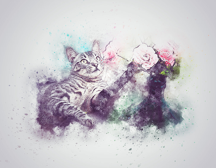 brown Tabby cat with assorted flowers painting