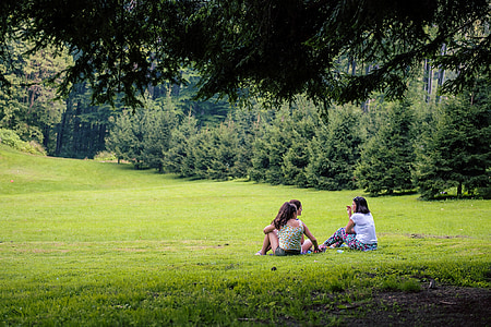 three woman sitting on grass field