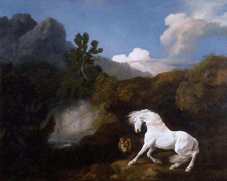 white horse and male lion near body of water