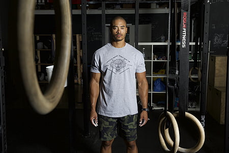 man wearing gray crew-neck t-shirt and gray camouflage shorts
