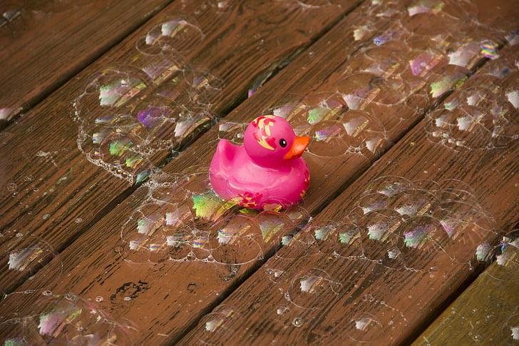 pink bathroom duck on wooden surface with bubbles