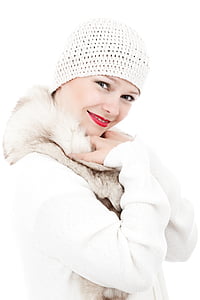 woman wearing white knitted beanie and fur jacket