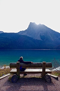 man sitting on brown wooden bench in front of lake during daytime