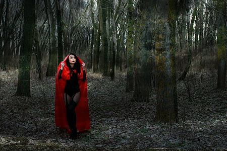 woman wearing red cape standing near brown trees at daytime