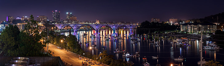 panoramic photography of bridge during night time