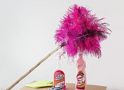 pink and black feather duster near spray bottle