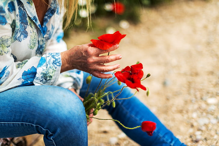 person holding red flowers