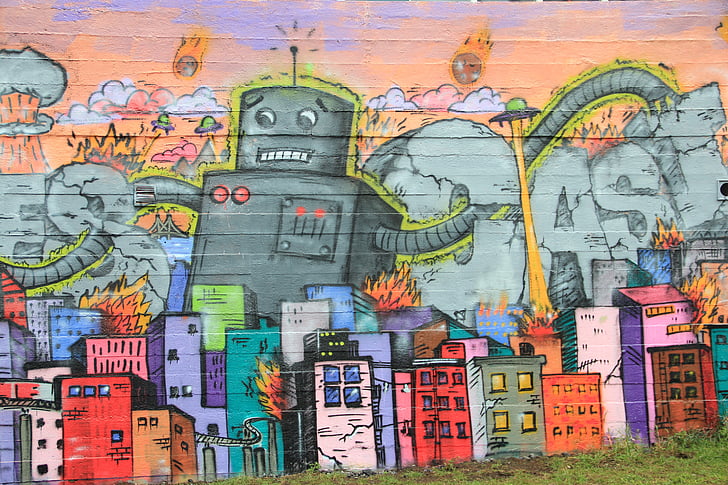sketch of gray robot and buildings