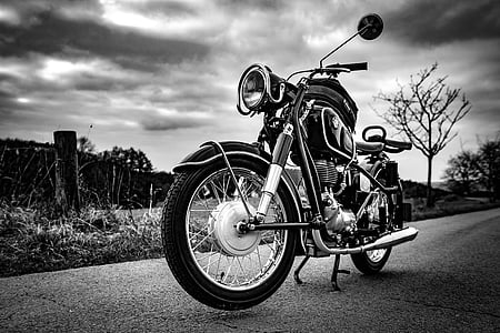 grayscale photo of motorcycle