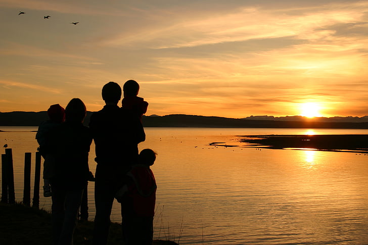 silhouette of family near body of water watching sunset