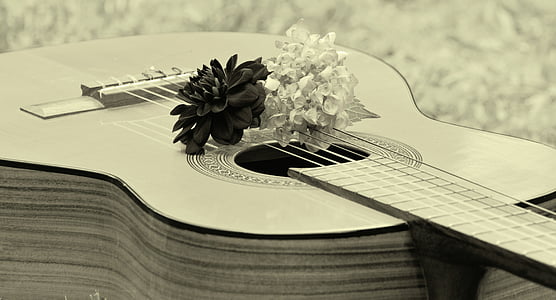 grayscale photo of guitar with flowers