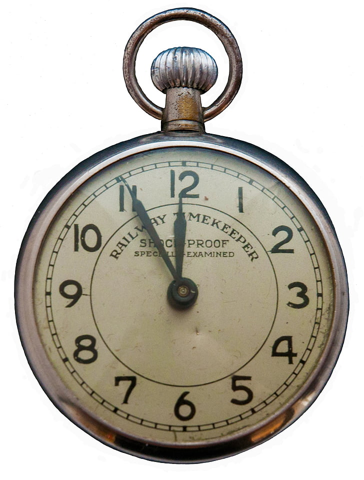 round gray stainless steel Railway Timekeeper pocket watch at 11:10