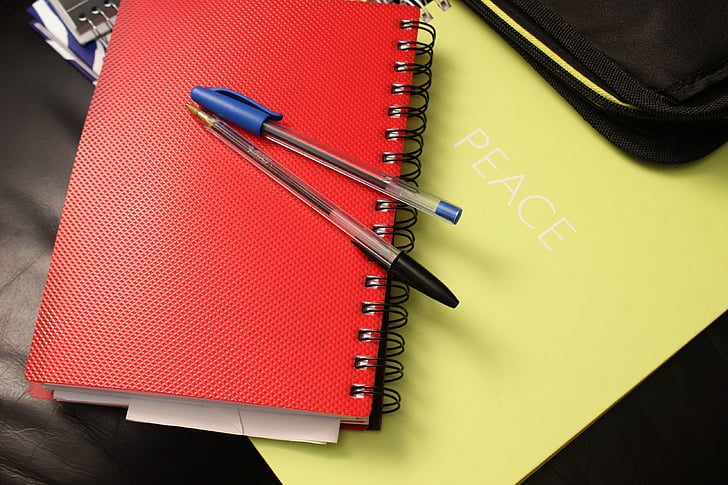 blue and black ballpoint pens on top of red notebook